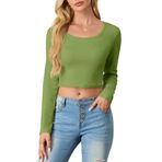 PrinStory Kadın Crop Tops Basic Uzun Kollu Tişört Slim Fit Pamuklu Üst Parça Günlük Uzun Kollu Kazak, asker yeşili, XL
