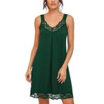 PrinStory Kadın Gevşek Tam Fiş Dantel Gecelik Kombinezon Pijama Pamuk Jersey İç Çamaşırı, koyu yeşil, M