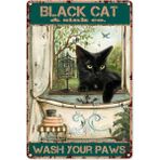 Printhome Ahşap Vintage Tablo " Black Cat Wash Your Paws" Ahşap Mdf 25X35 cm