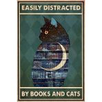 Printhome Ahşap Vintage Tablo " Easily Distracted By Books And Cats" Mdf 25X35CM