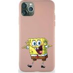Printify Apple Iphone 11 Pro Max Soft Premier Kapak Sünger Bob Tasarımlı Silikon Kılıf - Pudra