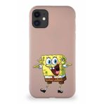 Printify Apple Iphone 11 Soft Premier Kapak Sünger Bob Tasarımlı Silikon Kılıf - Pudra