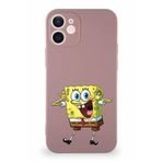 Printify Apple Iphone 12 Soft Premier Kapak Sünger Bob Tasarımlı Silikon Kılıf - Pudra