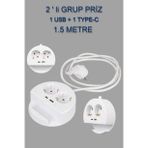 Priz 2 Li 1 USB + 1 TYPE-C Girişli Grup Uzatma Kablosu Telefon Standlı Priz 1.5 Metre Kablolu (Beyaz)