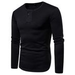 PRJN Erkek Temel Gündelik İş Henley Gömlekleri Erkek Yazlık Pamuklu Günlük Henley Gömlekleri Tek Düğmeli Placket Düz V Yaka Tişörtler Normal Kesim Uzun Kollu Erkek Tişört Erkek Tişört V Yaka, A-siyah,
