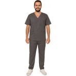 Prof Victory Erkek Scrubs Takımı – Çok Cepli, Likralı Doktor Hemşire Forması - Gri - XS