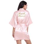 Prohonbec Bayan saten kimono gelin bornozu, altın parıltılı, kemer, düğün partisi, gelin günü için sabahlık, Pembe - Şeref Hizmetçisi, M