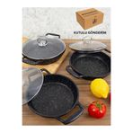 Prokitchen 6'lı Granit Tava Seti Cam Kapaklı Döküm Siyah 18-20-22 cm