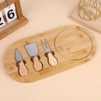 Promosyonca Bambu Peynir Sunum Tabağı, 3 Parça Peynir Bıçağı ve Çatalı Seti, Toplam 4 Parça, Doğal ve Şık Peynir Tabağı, Kaliteli Sunum Seti 34x20 cm Ebatlarında
