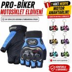 Prosev Pro-Bıker Darbeli Yarım Parmak Bedenli Motosiklet Eldiveni (Anahtarlık Hediyeli) En 13594:2015 Koruma Standardına Uygun Yarım Parmak - Mavi - Siyah