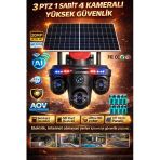 Provzen FX-6015 4 Kameralı (3 PTZ + 1 Sabit) 20MP 4G SIM Kartlı Güneş Enerjili Akıllı Güvenlik Kamerası | Full Color Gece Görüş + AOV Kayıt