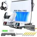 PS5 İnce Duvara Montaj Kiti, Soğutma Fanı ve Şarj İstasyonlu, PS5 Raflı Yüzer Montaj, PS5/PS5 İnce Disk ve Dijital Konsol için, TV'nin Arkasında PS5 Duvar Braketi, PS5 İnce Aksesuarlar PS5 Soğutma