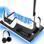 PS5 / PS5 Slim Cooling Station with Dual Controller Charging Station, PS5 Cooling Stand for PlayStation 5 Console, Headset Holder/ PS5 Cooling Fan/4 USB Hub All in One Accessories Organizer, Black
