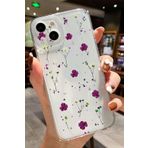 PSR aksesuar (5952) Mor Çiçek Mor Çiçek Desenli Şeffaf Silikon Telefon Kılıfı iPhone 15 ile uyumlu