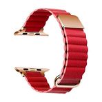PSR Aksesuar Apple Watch Serisi Deri Kordon - Strap Mıknatıslı PU Deri Kayış (Kırmızı, Watch Ultra 49mm)