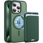 PSR Aksesuar iPhone 15 Pro Max Uyumlu M-Safe Kablosuz Şarj Destekli Mat Kılıf + MagSafe Kartlıklı Cüzdan - Tam Koruma Seti (Koyu Yeşil, iPhone 15 Pro Max)