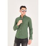 Puantiye Baskılı Poplin Pamuk Likra Slim Fit Erkek Gömlek - XL - Haki