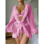 Puantiye Tül Külot Dantel Sütyen Takım - Pembe - L - XL