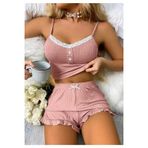 Pudra Dantel Detaylı Şortlu Gecelik Pijama Takımı