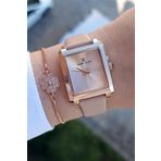 Pudra Deri Kayışlı Rose Gold Dikdörtgen Kasa Kadın Kol Saati, Taşlı Bileklik Hediyeli