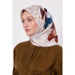 Pudra Lotus Çiçek Desen Twill İpek Eşarp