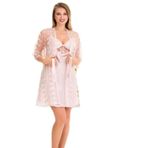 Pudra Pembe Dantel Sabahlıklı Brode Saten Gecelik Takım, M, LD15217-198IGP101190