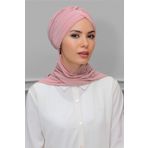 Pudra Pratik Hazır Geçmeli Tesettür Bone Sandy Kumaş Taçlı Büzgülü Şifon Atkılı 1208A_06