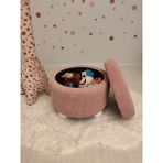 Puff Table Hazine, Ahşap Top Ayaklı Çocuk Pufu, Oyuncak Sepeti, Teddy Kumaş 42 cm Beyaz Ayak - Pembe