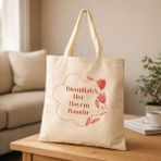 Pufida Bismillah Her Hayrın Başıdır Yazılı Çiçek Desenli Kanvas Bez Çanta - %100 Ham Bez Çanta - Krem
