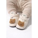 Pufien Pandufu, Peluş Oyuncaklı Bebek Ev Ayakkabısı, Kaydırmaz Tabanlı, 100% Pamuk Astarlı - Ekru