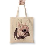 Pug Köpek Fransız Bulldog Bez Çanta Uzun Saplı - Açık Bej - 40 X 40