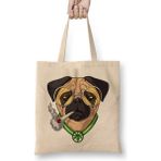 Pug Smoking Weed Köpek Bez Çanta Uzun Saplı - Açık Bej - 40 X 40