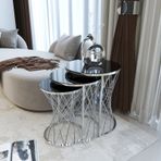 Puklife Hasır 3lü Zigon Sehpa Gümüş Ayak Siyah Cam