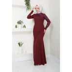 Pullu Balık Uzun Tesettür Abiye Elbise 2733 - 46 - Bordo