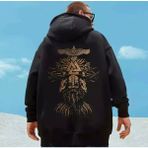 Punıx Büyük Beden Bıg Sıze Vıkıng Valhalla Sırt Baskılı Yüksek Kalite Tam Kışlık Erkek Sweatshırt - Siyah - 9XL