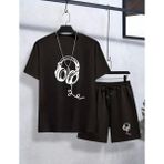 Punix Kids Özel Üretim Kulaklık Baskılı Ultra Hafif Erkek Çocuk Yazlık T-Shirt Şort Takımltra - 10 Yaş - Siyah