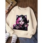 Punix Kids Punıx Kıds Özel Seri Yuvarlak Yaka Party Kızı Baskılı %100 Pamuk Trend Kız Çocuk Sweatshırt - Ekru - 4 Yaş