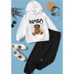 Punix Kids Punıx Kıds Özel Üretim %100 Pamuk Nasa Minik Astronot Baskılı Kapüşonlu Kışlık Erkek Çocuk Eşofman Takımı - Beyaz - 12 Yaş