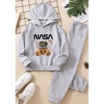 Punix Kids Punıx Kıds Özel Üretim %100 Pamuk Nasa Minik Astronot Baskılı Kapüşonlu Kışlık Erkek Çocuk Eşofman Takımı - Gri - 12 Yaş