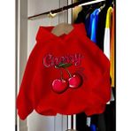 Punix Kids Punıx Kıds Özel Üretim Cherry Baskılı Kapüşonlu %100 Pamuk Kışlık Kız Çocuk Oversize Sweatshırt - Kırmızı - 12 Yaş
