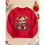 Punix Kids Punıx Özel Tasarım Yılbaşı Noel Temalı Kitap Okuyan Yavru Geyik Baskılı Kışlık Kız Çocuk Sweatshırt - Kırmızı - XL