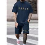 Punix Punıx Büyük Beden Bıg Sıze Parıs Romantıc Cıty Baskılı Yazlık Erkek Battal Şort T-Shırt Alt Üst Takım - Lacivert - 11XL