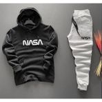 Punix Punıx Büyük Beden Özel Seri Kapüşonlu Nasa Baskılı %100 Pamuk Kışlık Battal Erkek Eşofman Takımı - 16XL - Siyah