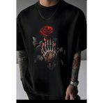 Punix Punıx Büyük Beden Özel Tasarım Iskelet El Gül Baskılı Yeni Sezon Yazlık Erkek T-Shırt - Siyah - 4XL