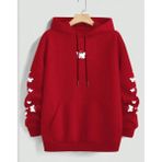 Punix Punıx Büyük Beden Özel Tasarım Kapüşonlu Minimal Kelebekler Baskılı %100 Pamuk Oversize Kadın Sweatshırt - Kırmızı - 7XL