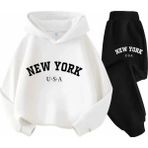 Punix Punıx Büyük Beden Yeni Kış Koleksiyonu Kapüşonlu New York Baskılı %100 Pamuk Kışlık Kadın Modern Battal Eşofman Takımı - Beyaz - 10XL