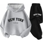Punix Punıx Büyük Beden Yeni Kış Koleksiyonu Kapüşonlu New York Baskılı %100 Pamuk Kışlık Kadın Modern Battal Eşofman Takımı - Gri - 6XL