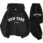 Punix Punıx Büyük Beden Yeni Kış Koleksiyonu Kapüşonlu New York Baskılı %100 Pamuk Kışlık Kadın Modern Battal Eşofman Takımı - Siyah - 12XL