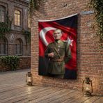 Punto Dizayn Askeri Üniformalı Başkomutan Mustafa Kemal Atatütk ve Türk Bayrağı poster Bayrak Raşel Kumaş 100x150 cm ATA82