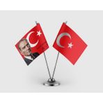 Punto Dizayn Gazi Mustafa K. Atatürk ve Türk Bayrağı Ikili Saten Masa Bayrağı Takımı